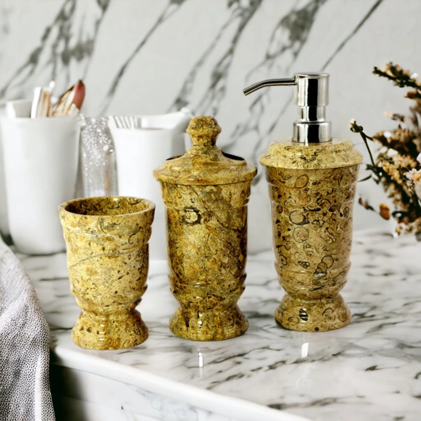 Luxury Bathroom Set in Fossil Stone - 3 Piece Bathroom Set - Nature Home Decor