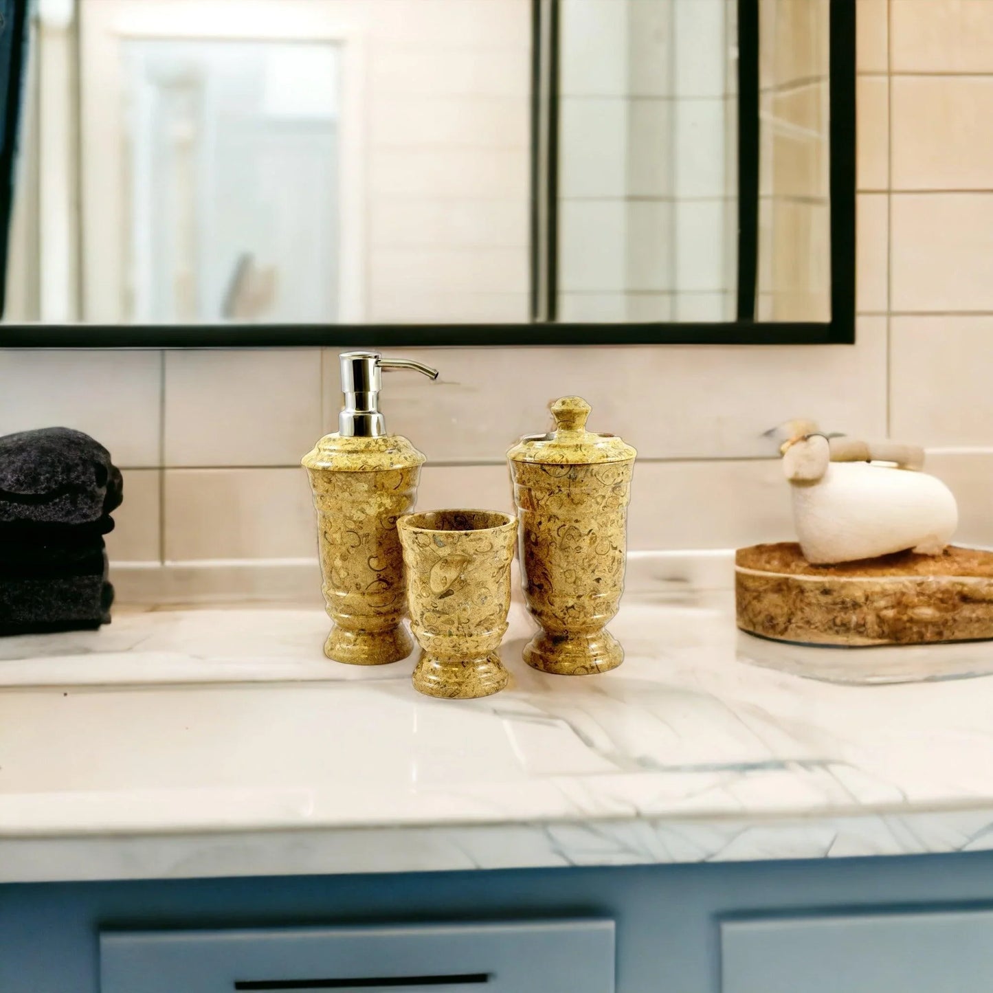 Luxury Bathroom Set in Fossil Stone - 3 Piece Bathroom Set - Nature Home Decor