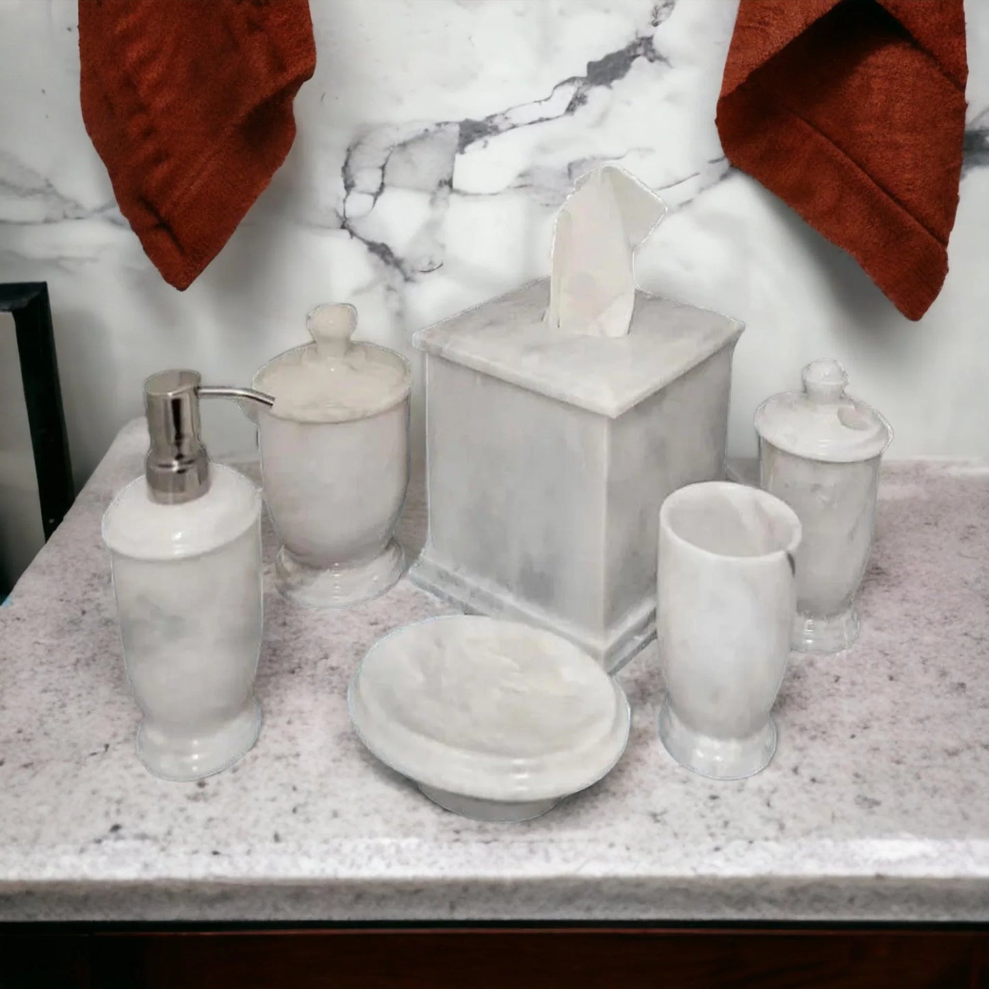White Bathroom Accessories Set - Six Piece Marble Bathroom Set of Atlantic Collection - Nature Home Decor