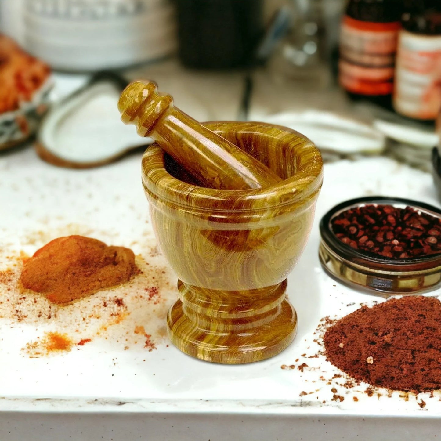 Marble Mortar and Pestle Crafted from Multi Brown Onyx - Nature Home Decor