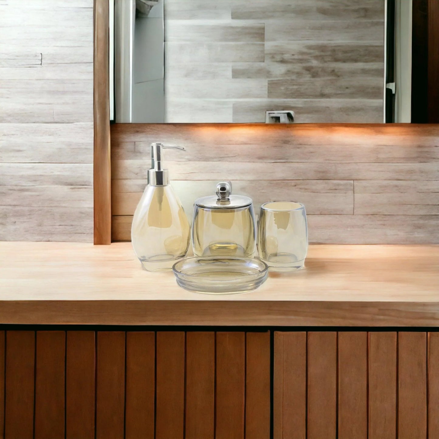 Modern Bathroom Decor - 4 Piece Glass Bathroom Set of Champagne Color - Nature Home Decor