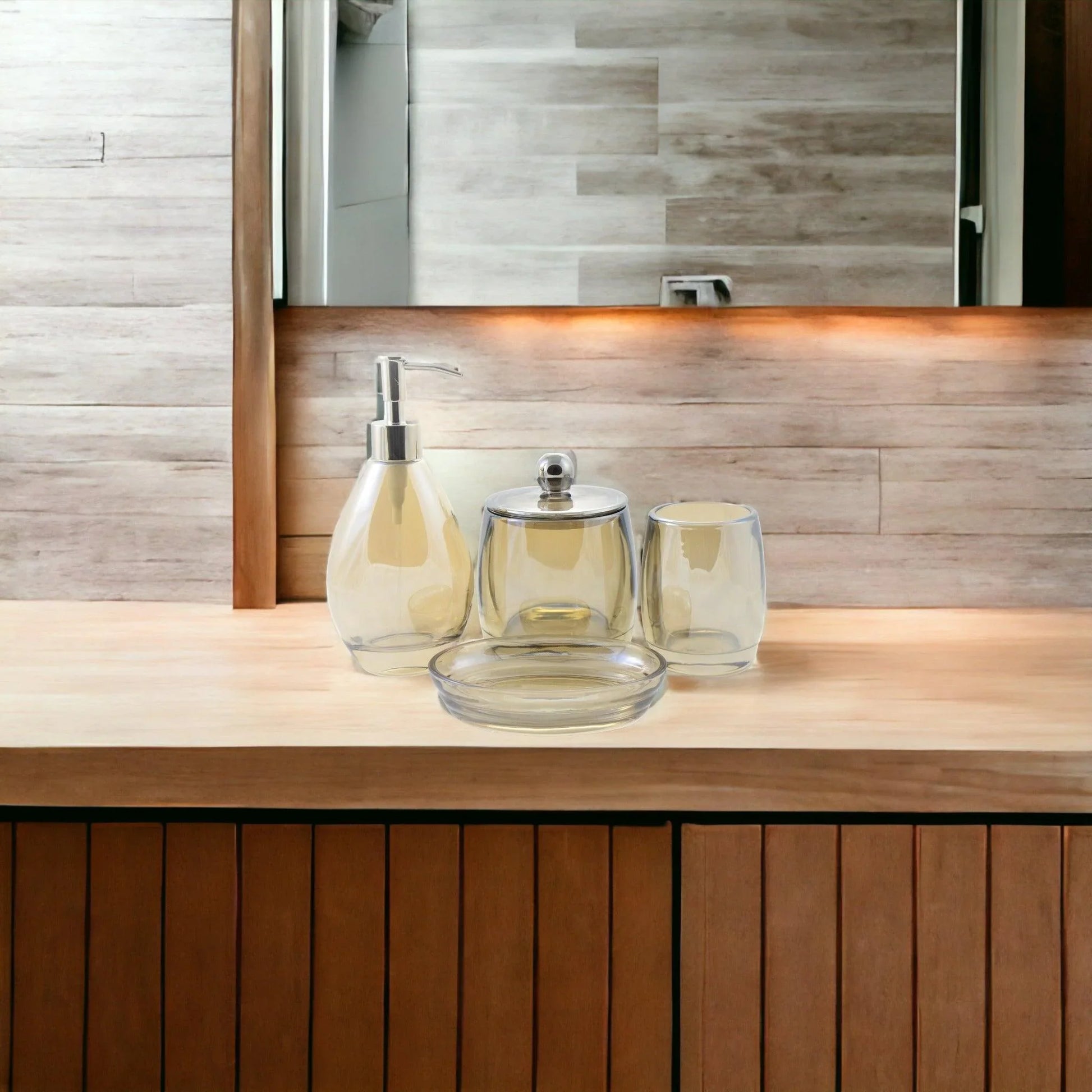 Modern Bathroom Decor - 4 Piece Glass Bathroom Set of Champagne Color - Nature Home Decor