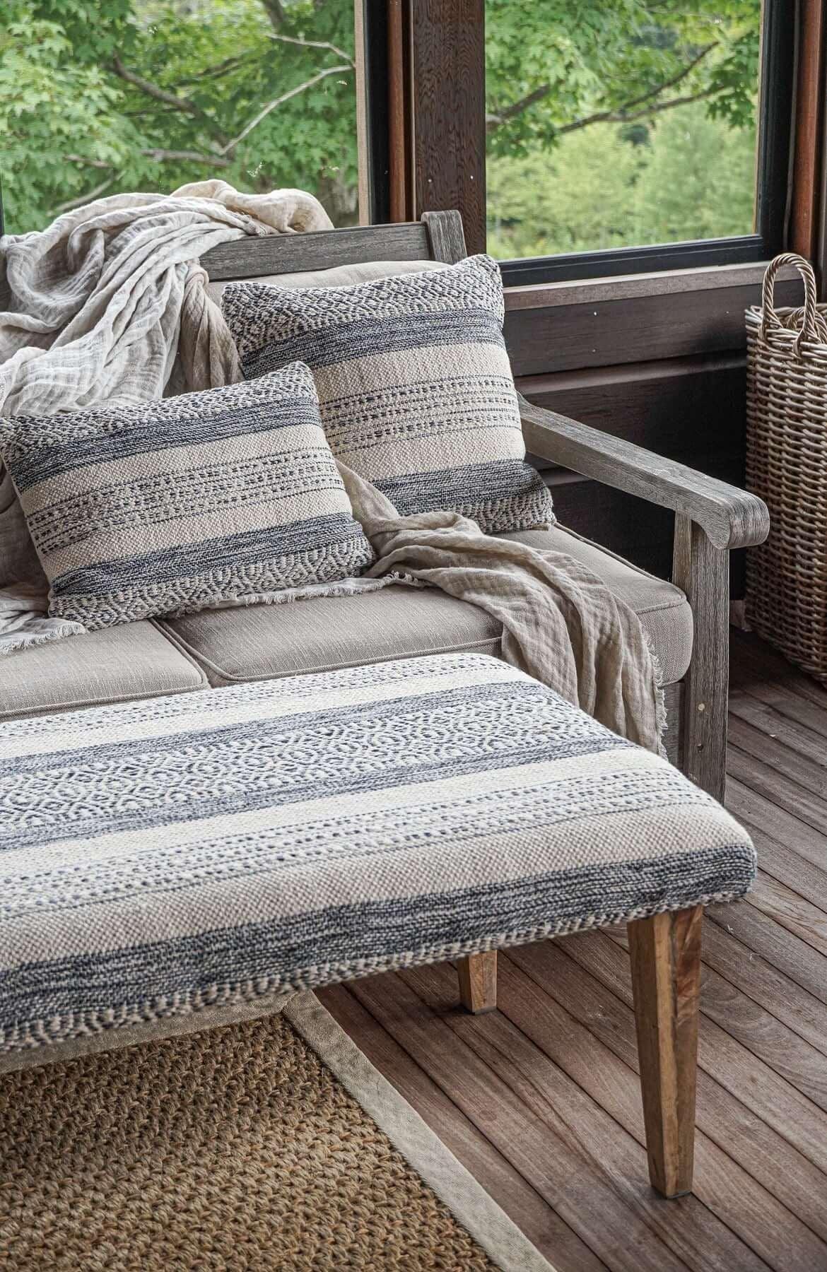 Handwoven Indigo Striped Ottoman Bench - Nature Home Decor