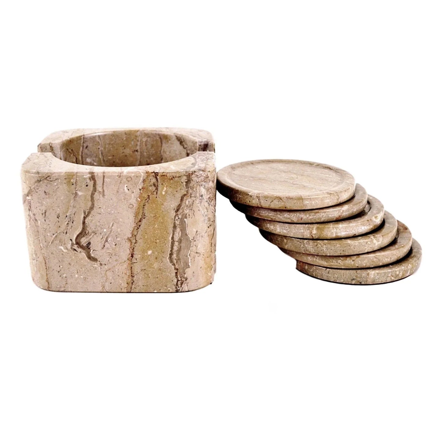 Sahara Beige Marble 7 Piece Coaster Set with Decorative Holder - Nature Home Decor