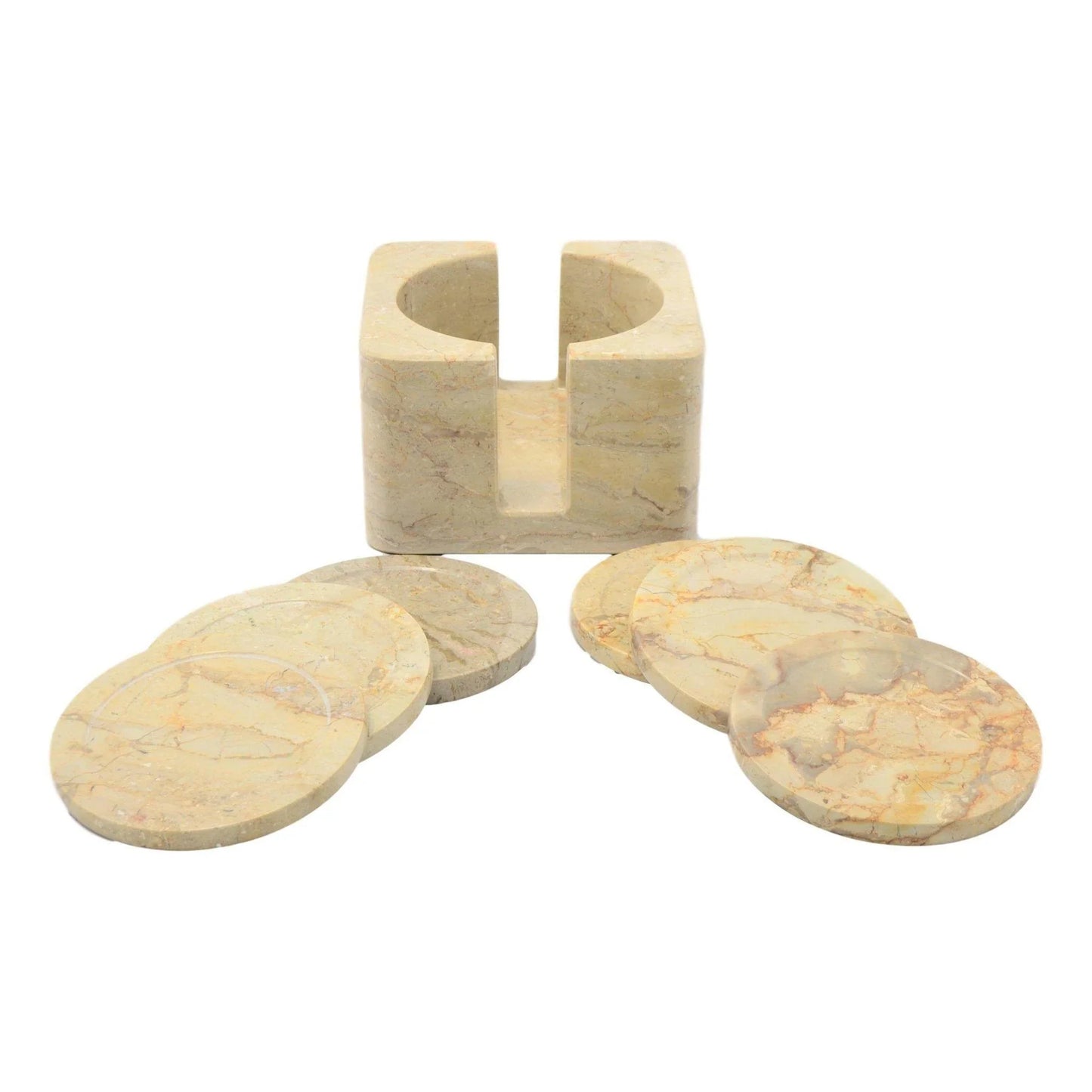 Sahara Beige Marble 7 Piece Coaster Set with Decorative Holder - Nature Home Decor