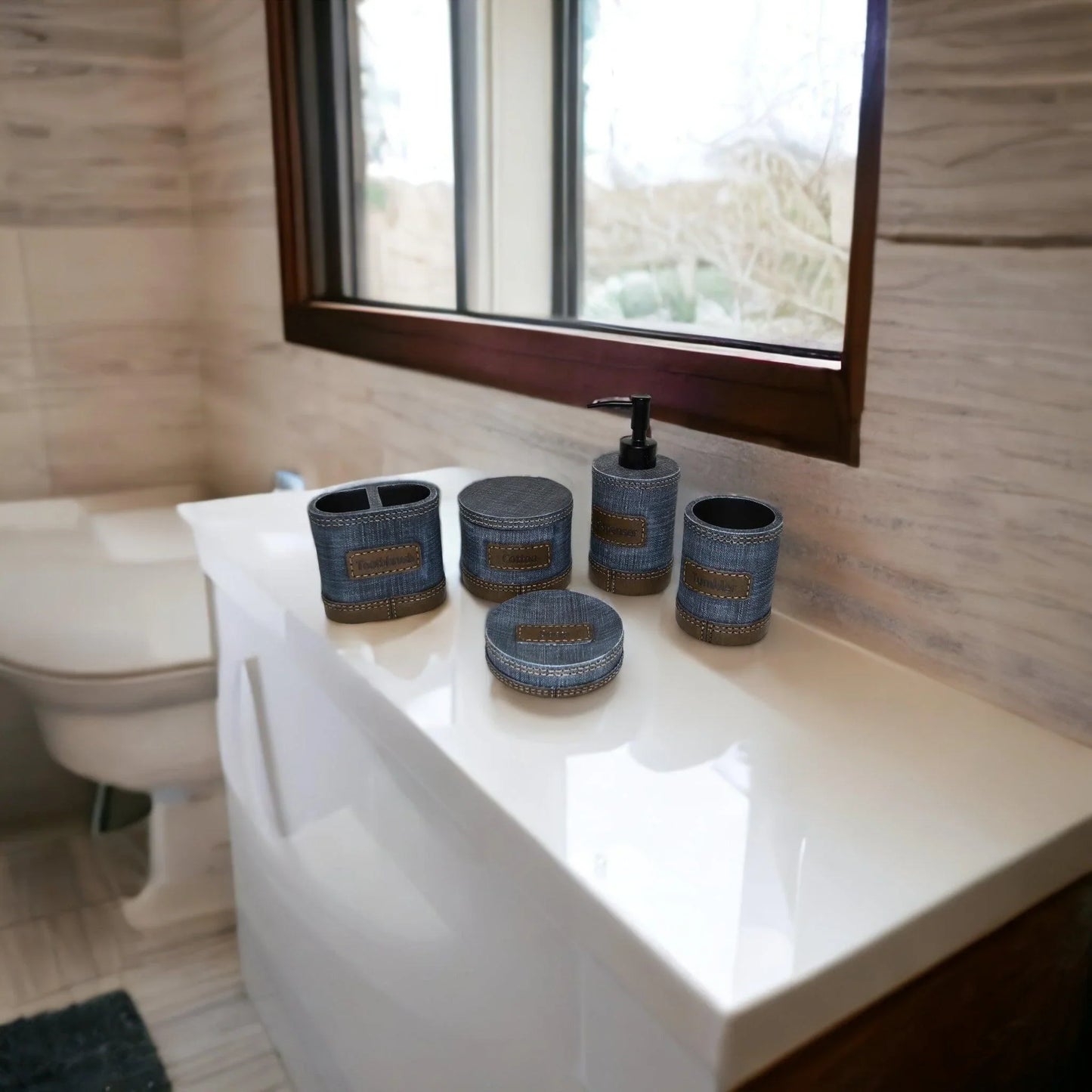 Unique Bathroom Accessory Set of Denim Finish - Nature Home Decor