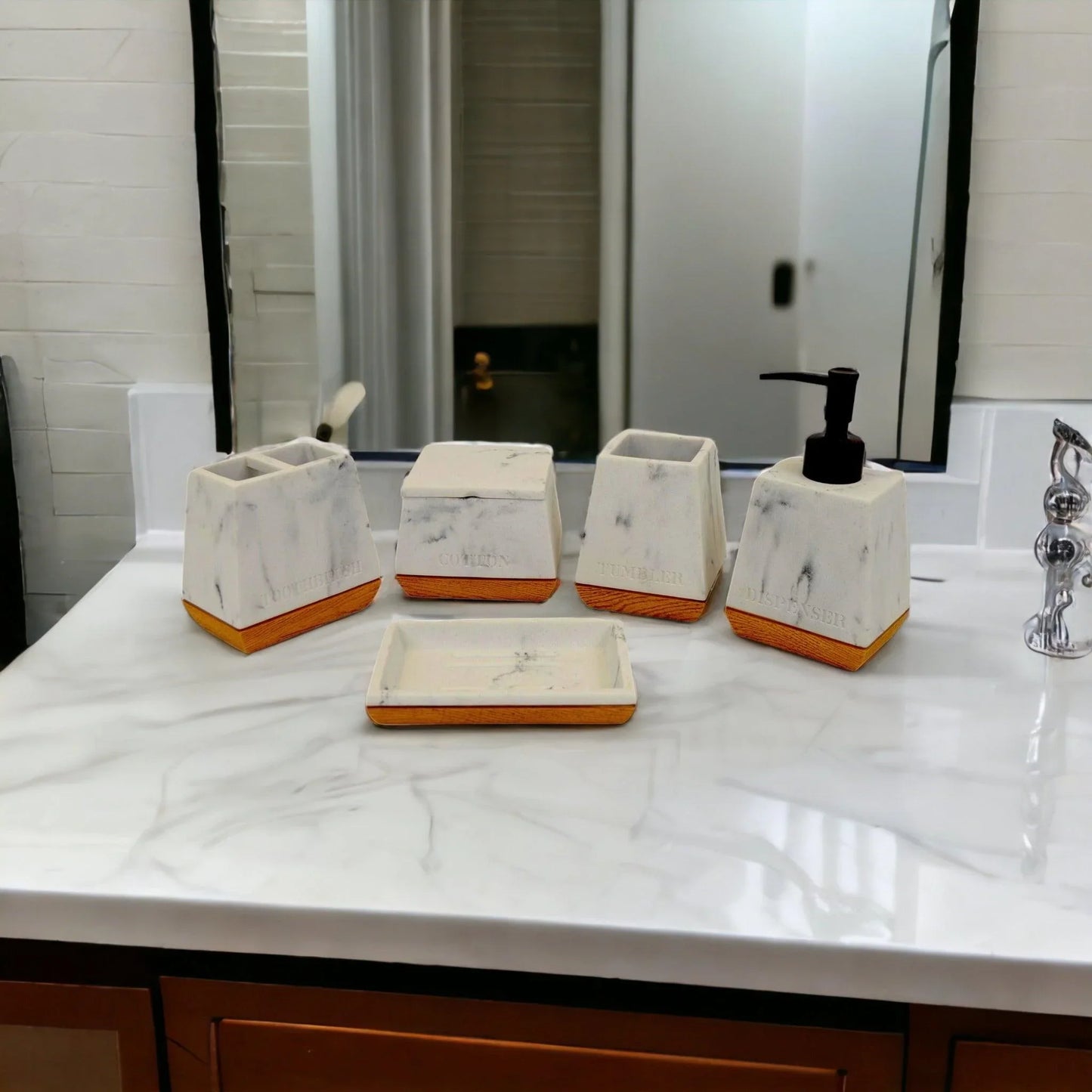 White Marble Bathroom Set with Wood Base - Nature Home Decor