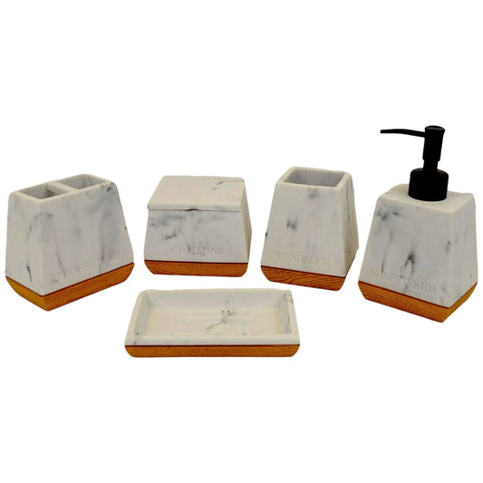 White Marble Bathroom Set with Wood Base - Nature Home Decor