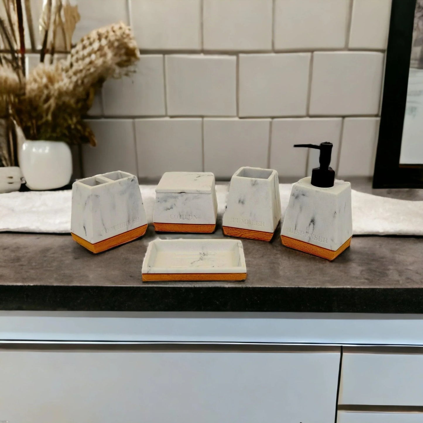White Marble Bathroom Set with Wood Base - Nature Home Decor