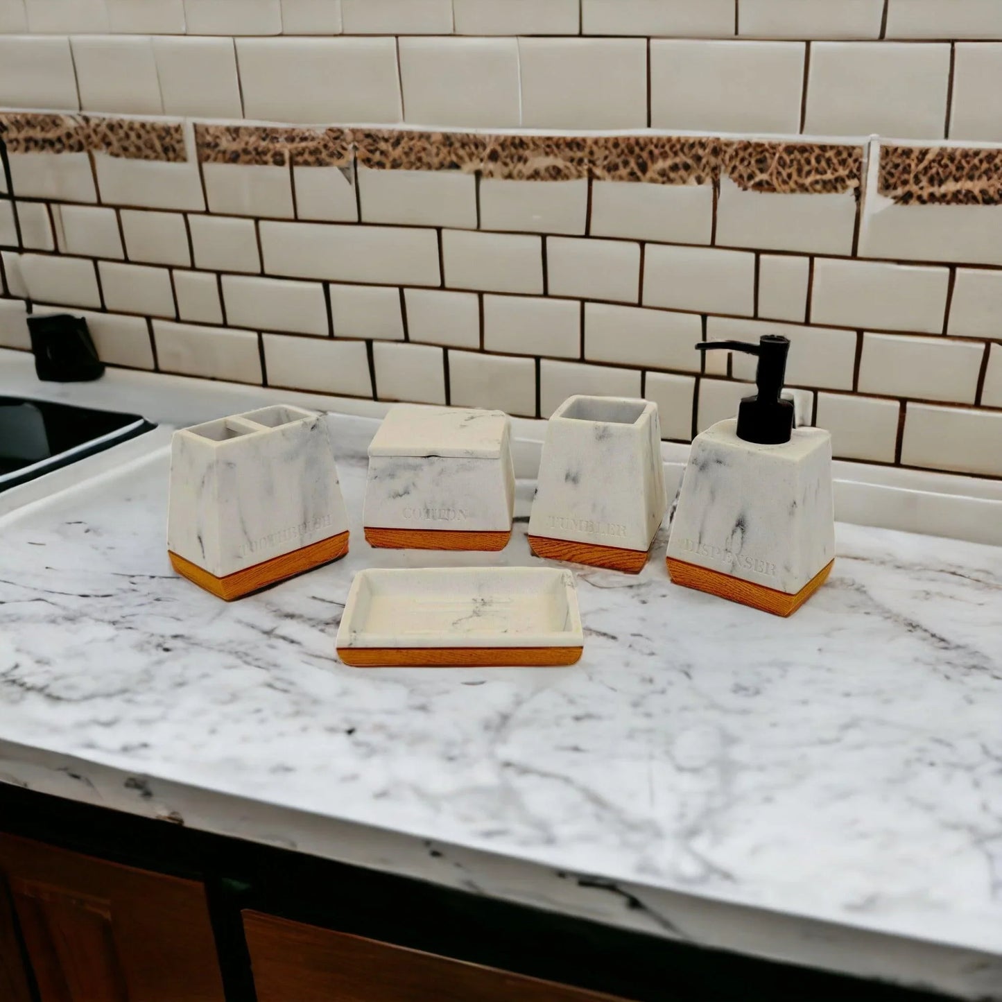 White Marble Bathroom Set with Wood Base - Nature Home Decor