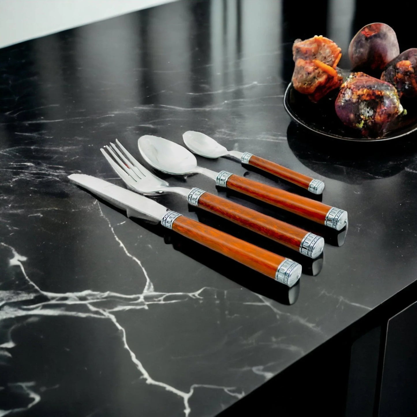 Wood Handle Flatware - 24 Piece Flatware Set for Serving Six - Nature Home Decor