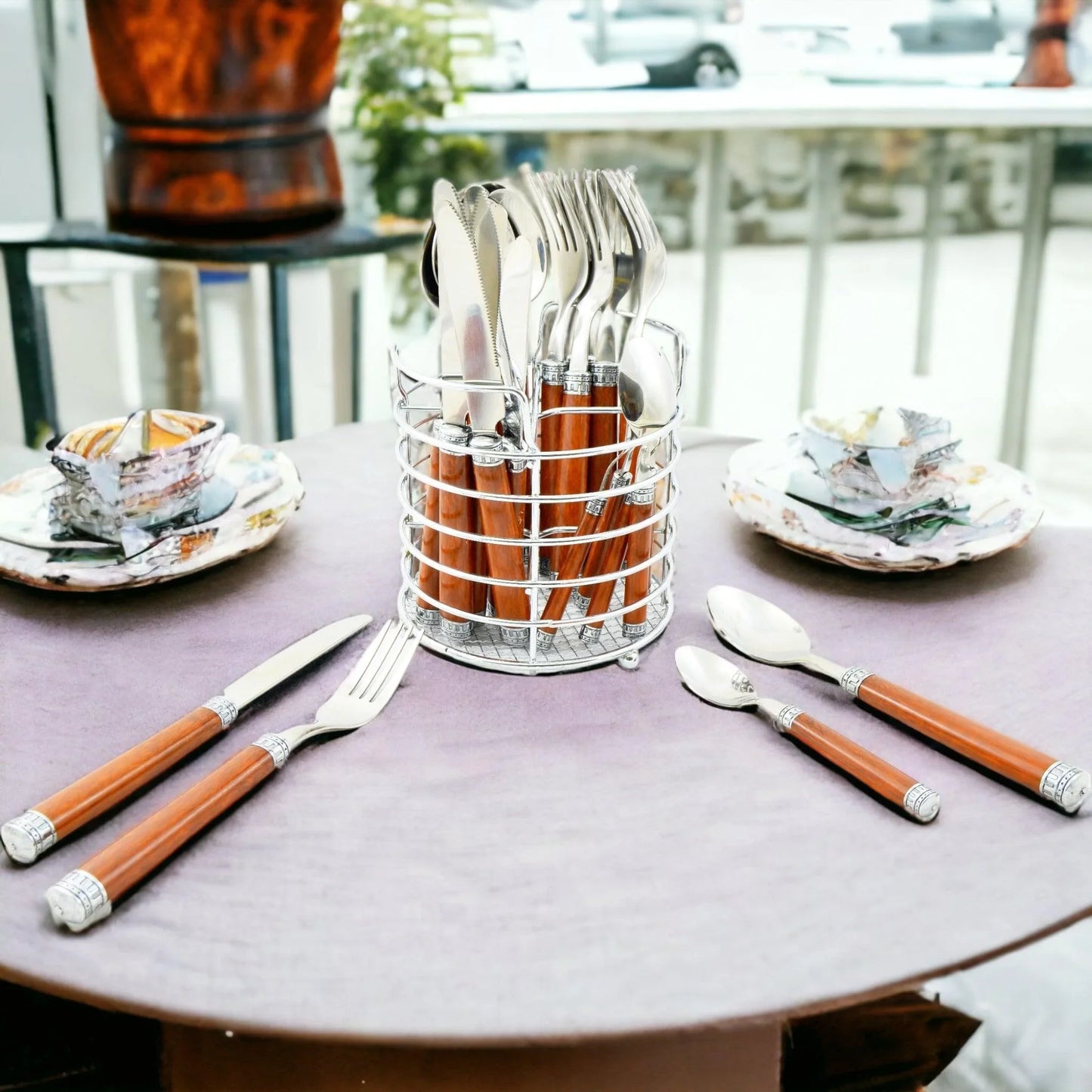 Wood Handle Flatware - 24 Piece Flatware Set for Serving Six - Nature Home Decor