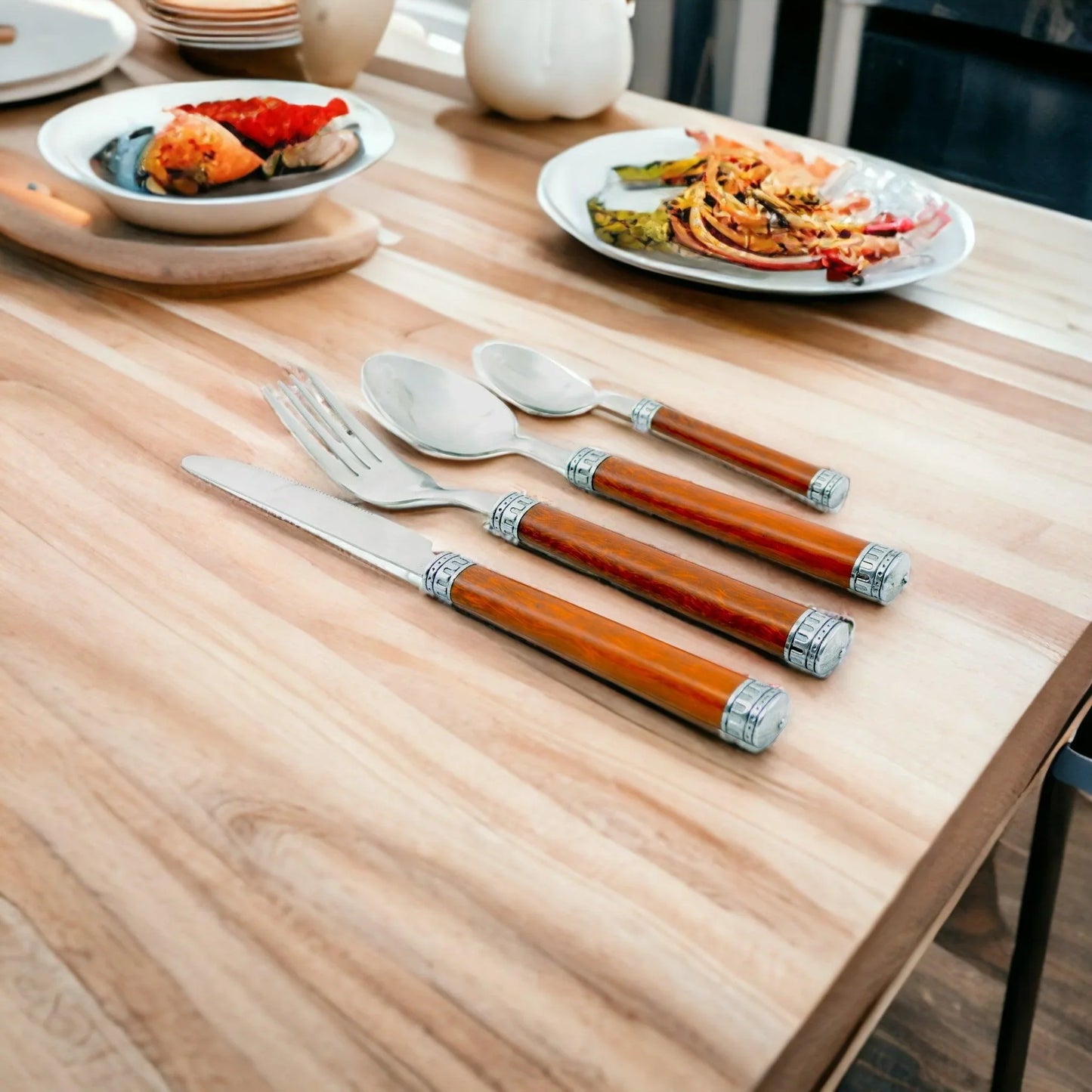 Wood Handle Flatware - 24 Piece Flatware Set for Serving Six - Nature Home Decor