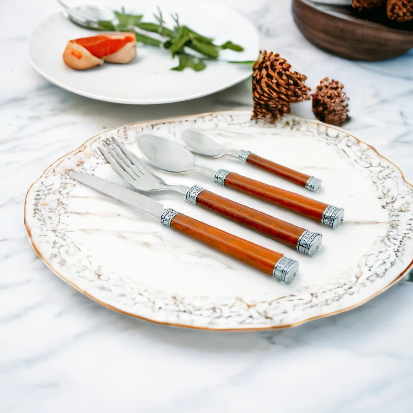Wood Handle Flatware - 24 Piece Flatware Set for Serving Six - Nature Home Decor