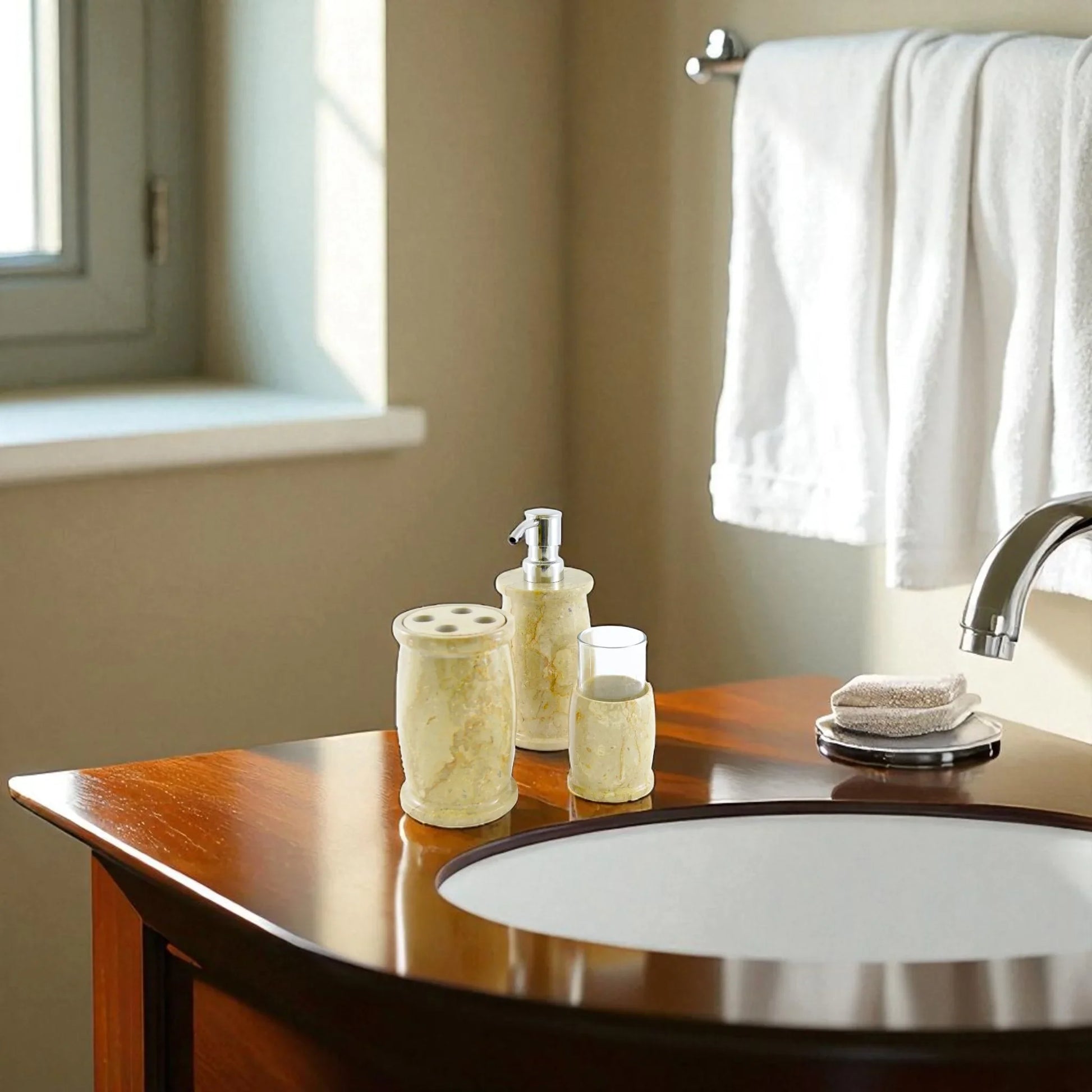 Marble Bathroom Accessories Set | Sahara Beige Marble - Nature Home Decor