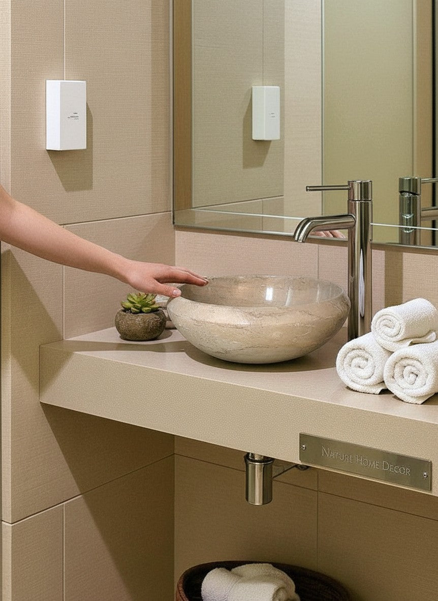 Nature Home Decor 16-inch round Sahara Beige marble bathroom sink with natural veining on a matching beige countertop.