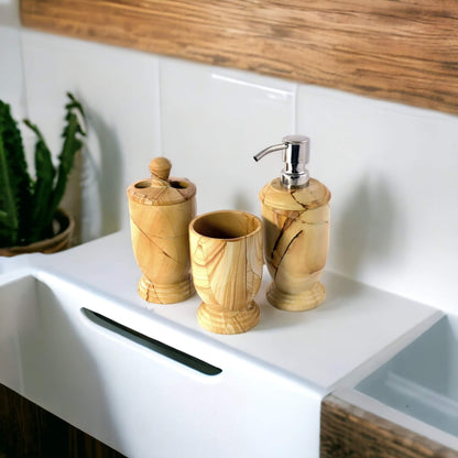 3-Piece Bathroom Accessory Set - Teak Marble - Nature Home Decor