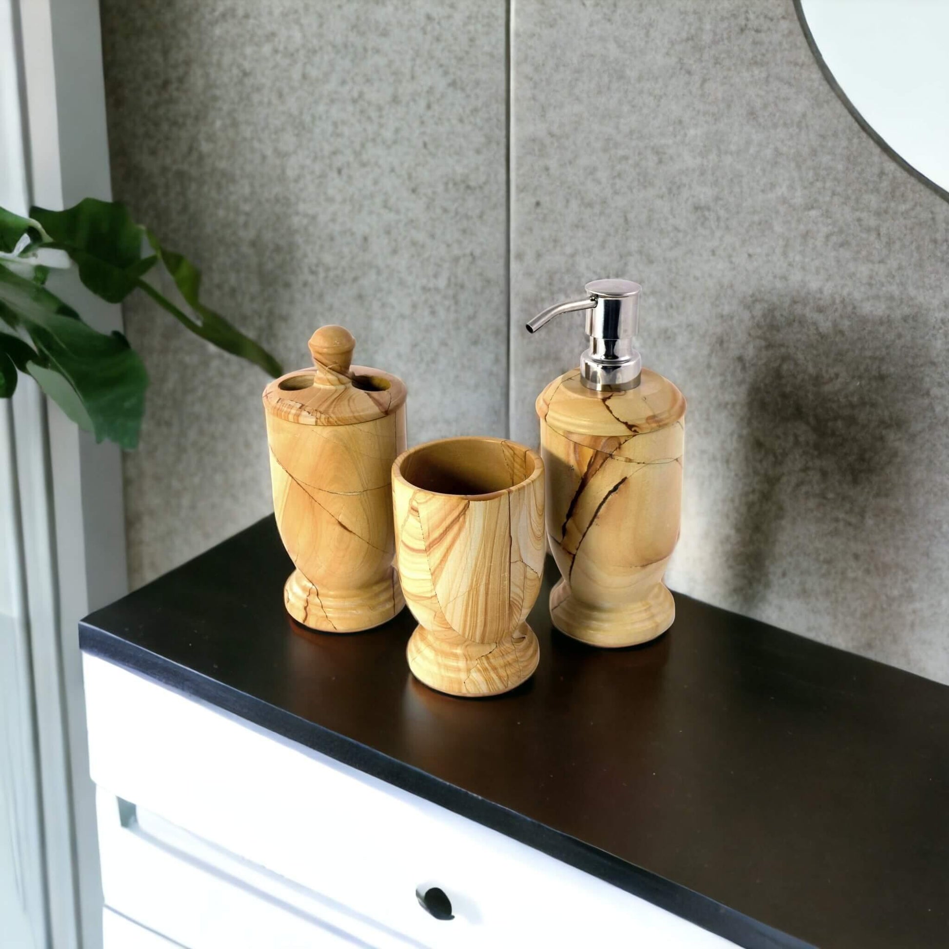 3-Piece Bathroom Accessory Set - Teak Marble - Nature Home Decor