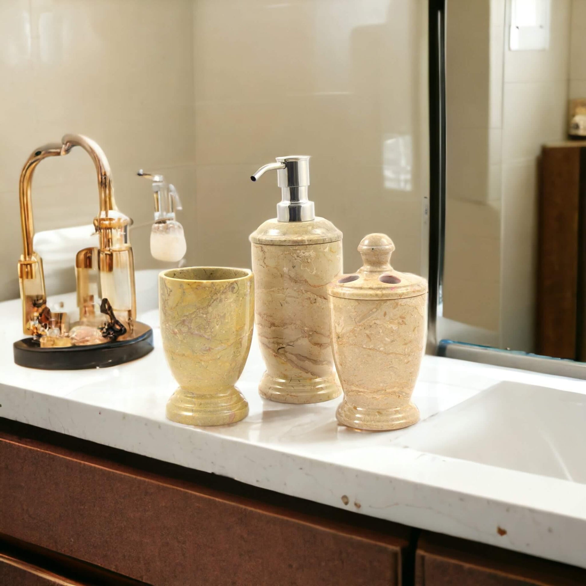 3 Piece Bathroom Set - Sahara Beige Marble - Nature Home Decor
