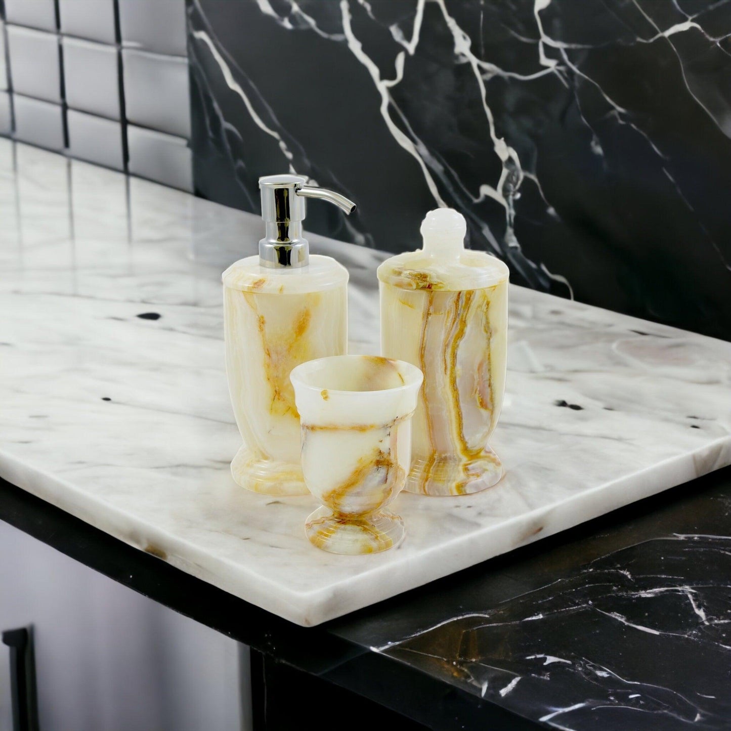 3 Piece Bathroom Set of White Marble - Atlantic Collection - Nature Home Decor
