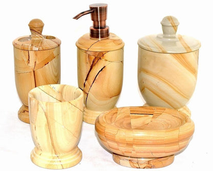 5 Piece Bathroom Accessory Set Crafted in Teak Marble - Nature Home Decor