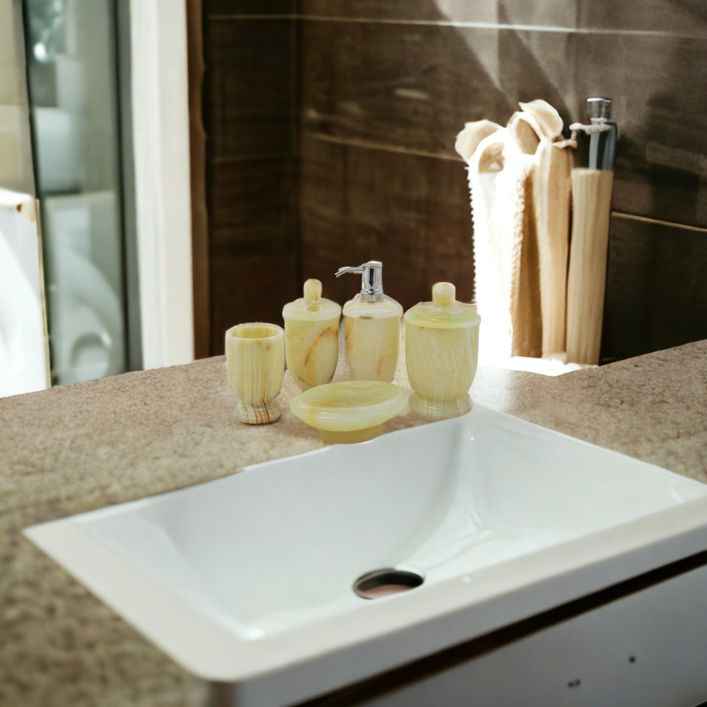 Bathroom Accessory Set of Elegant Pistachio Onyx - Nature Home Decor