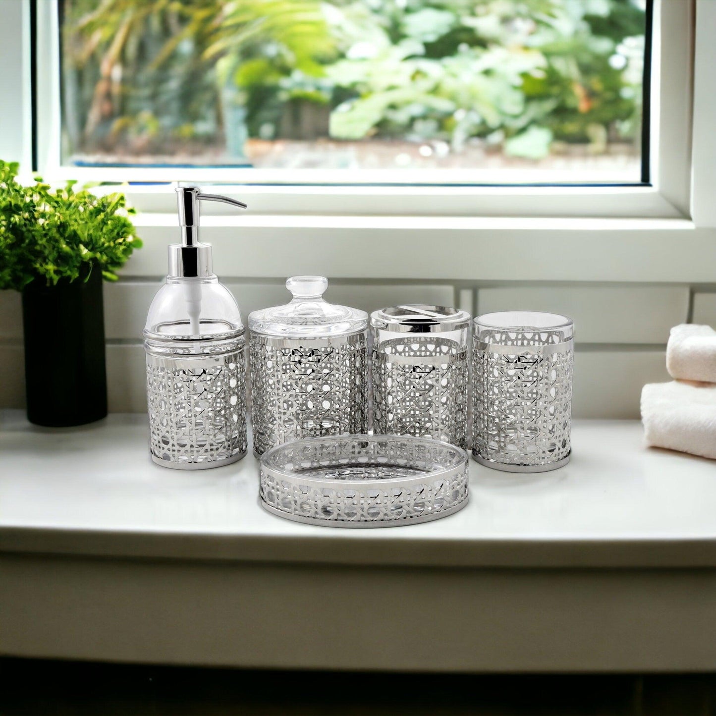 5 Piece Bathroom Set of Glass with Metal Accents - Nature Home Decor