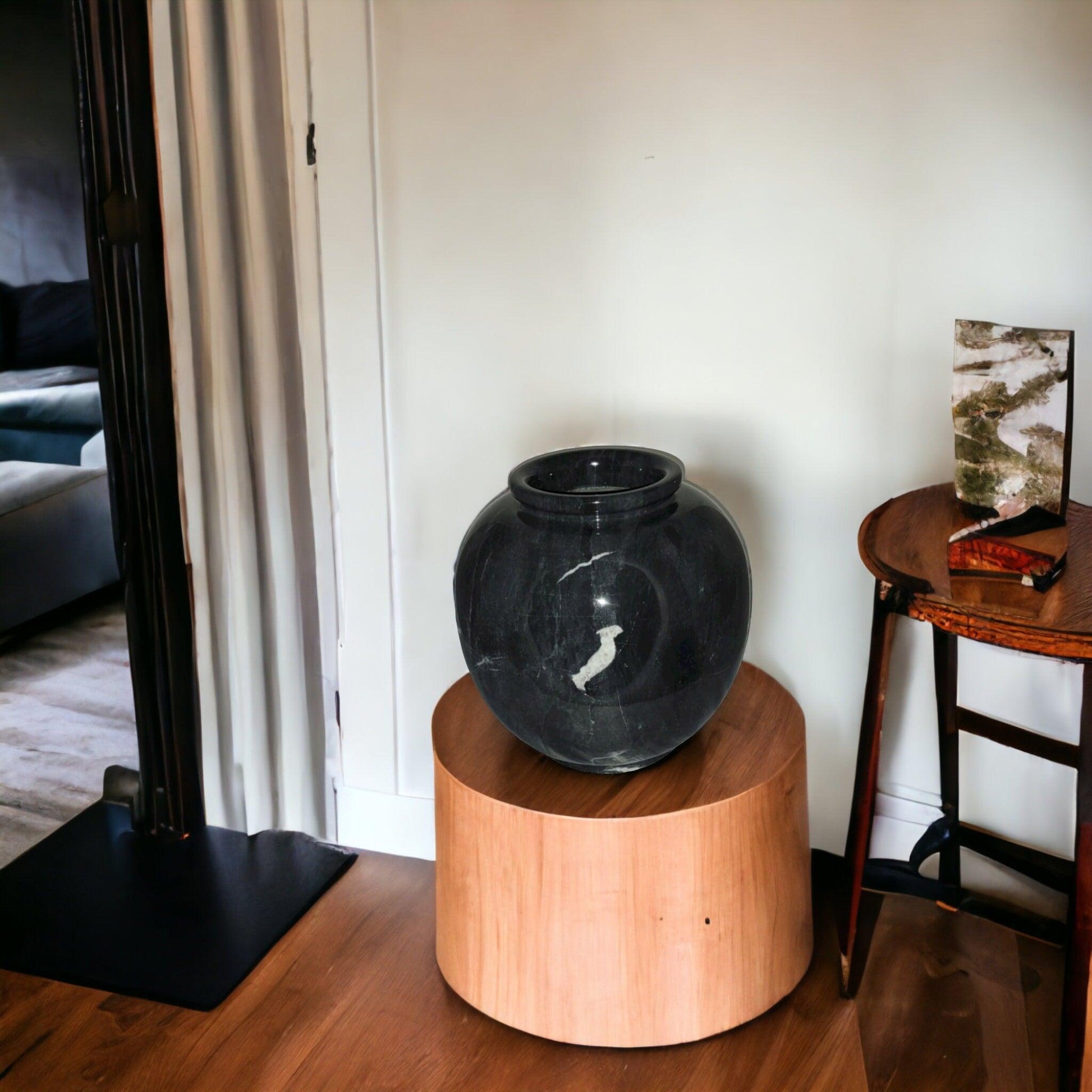 Decorative Vase of Black Marble | 12 inch Round - Nature Home Decor