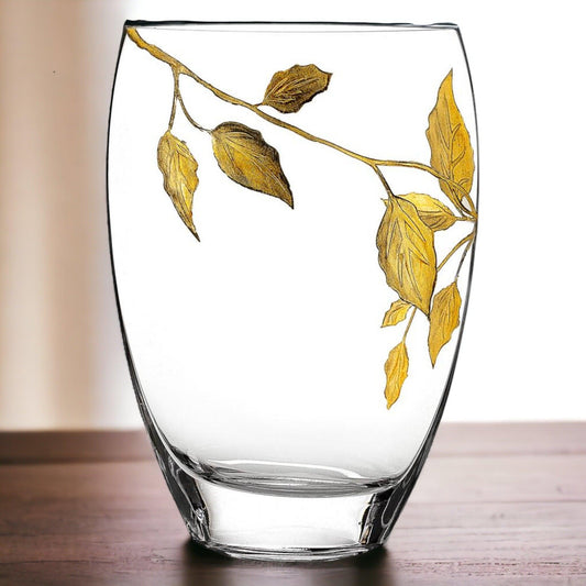 Decorative Vase | 12 inch Crystal Vase with Etched Gold Leaves Design - Nature Home Decor