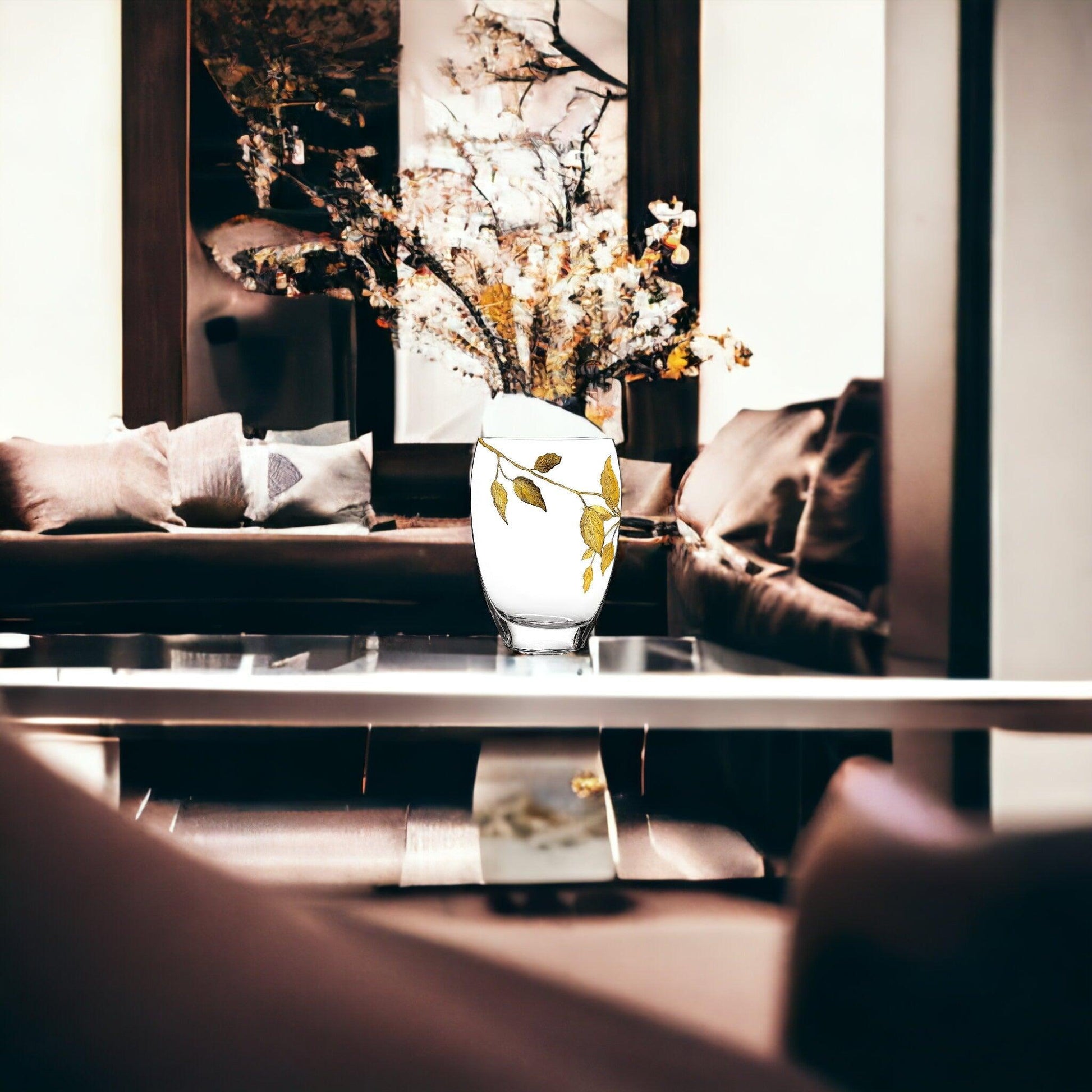 Decorative Vase | 12 inch Crystal Vase with Etched Gold Leaves Design - Nature Home Decor