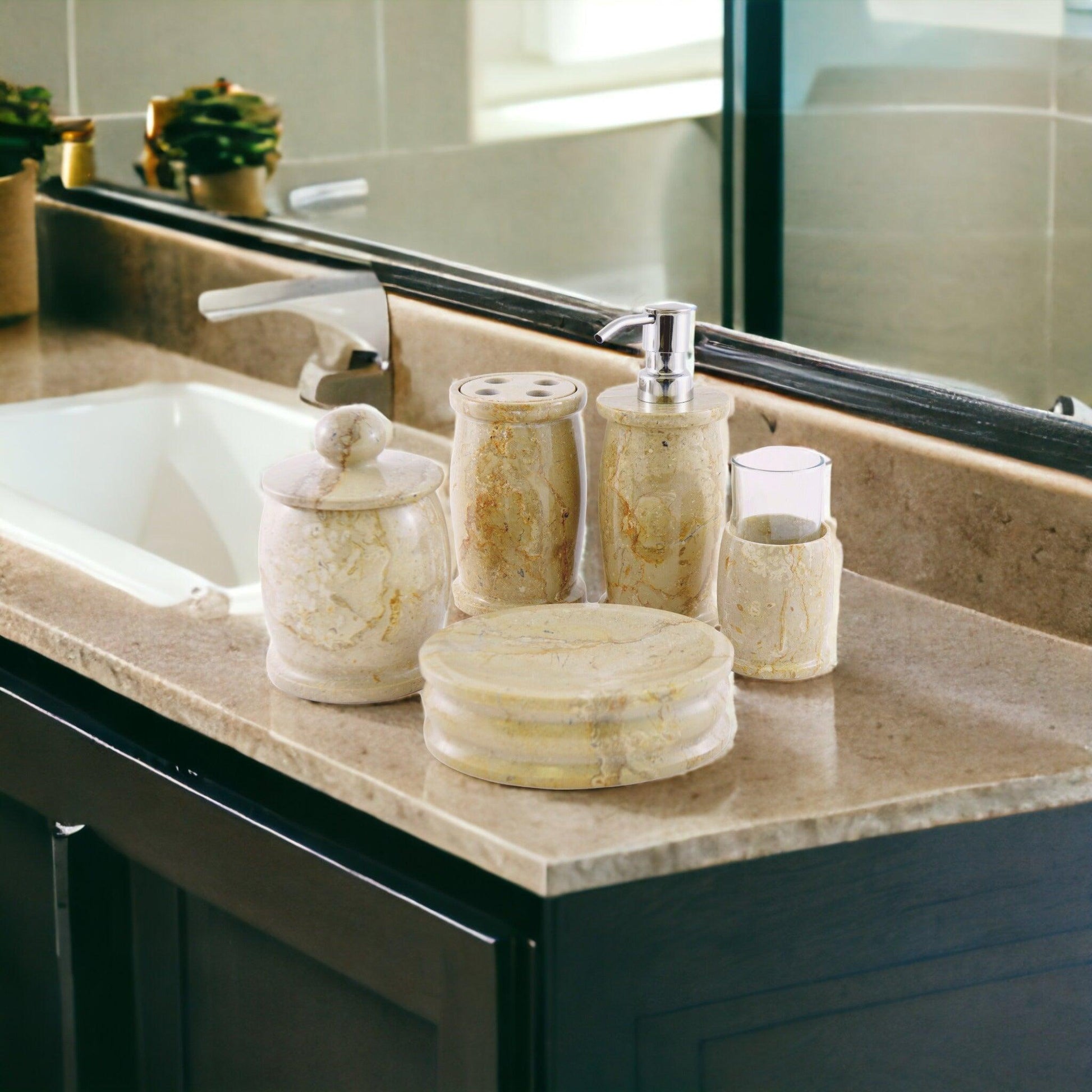Elegant Bathroom Accessory Set of Sahara Beige Marble - Pacific Collection - Nature Home Decor