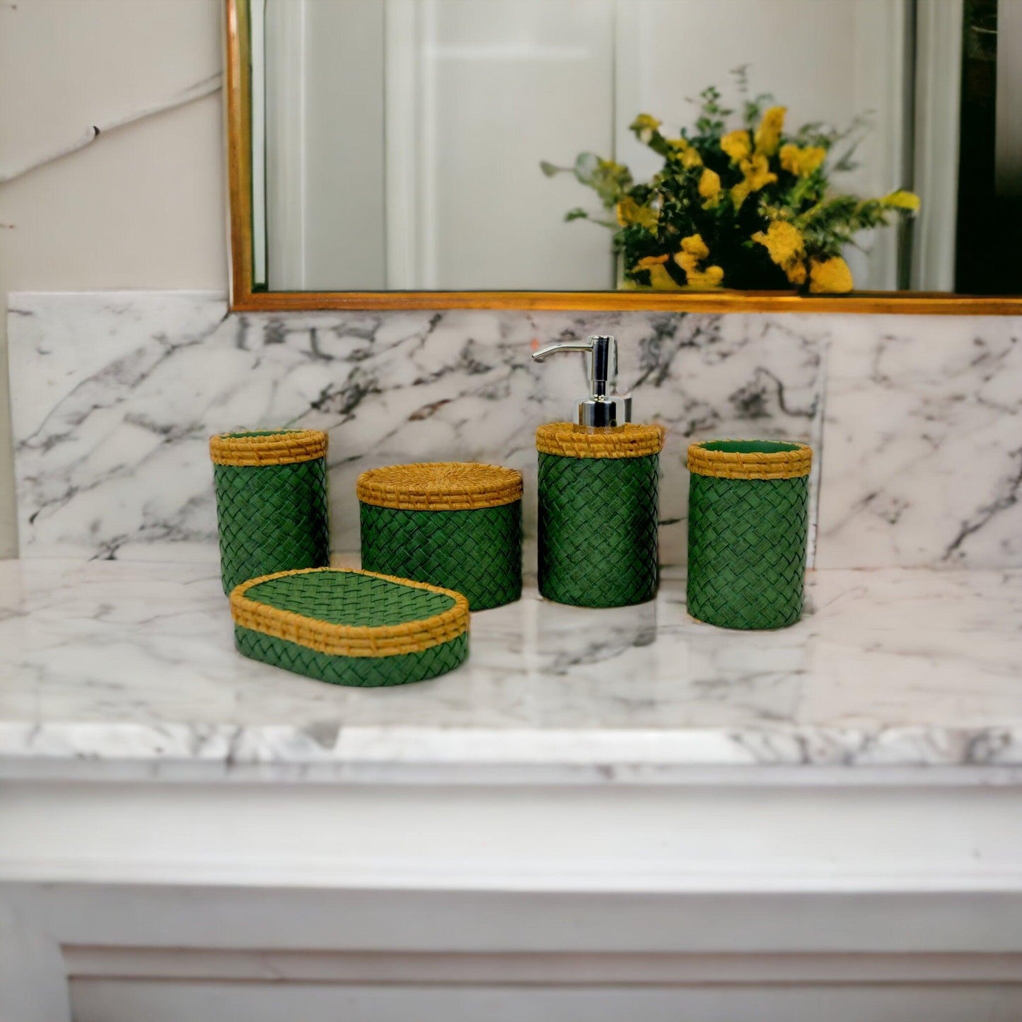 5-Piece Bath Set in Beige & Green Color- Nature Home Decor