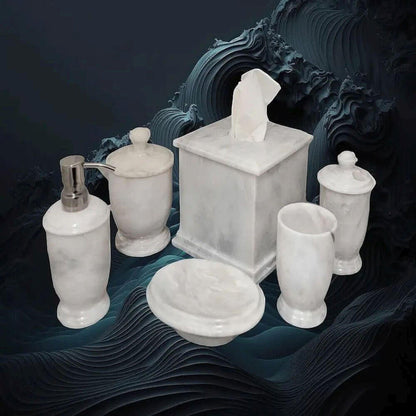 White Bathroom Accessories Set - Six Piece Marble Bathroom Set of Atlantic Collection - Nature Home Decor