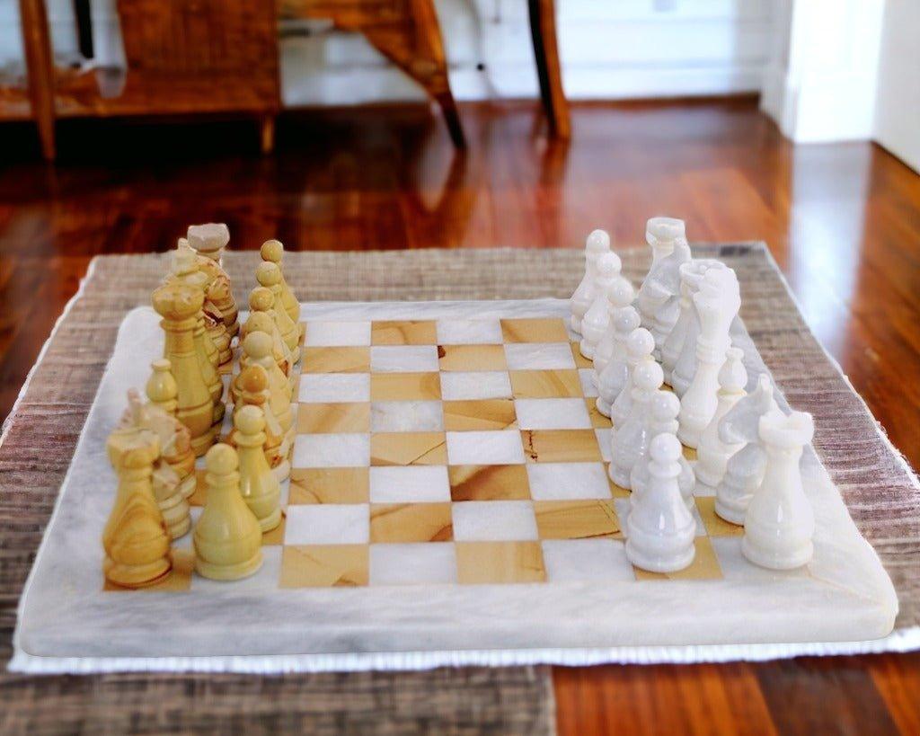 Marble Chess Set | White & Teakwood Marble - Nature Home Decor