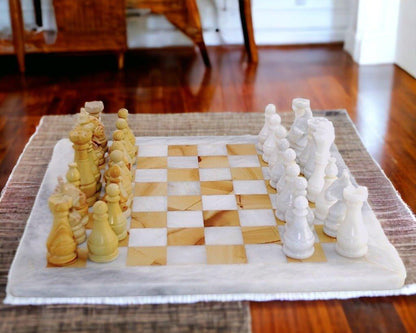 Marble Chess Set | White & Teakwood Marble - Nature Home Decor