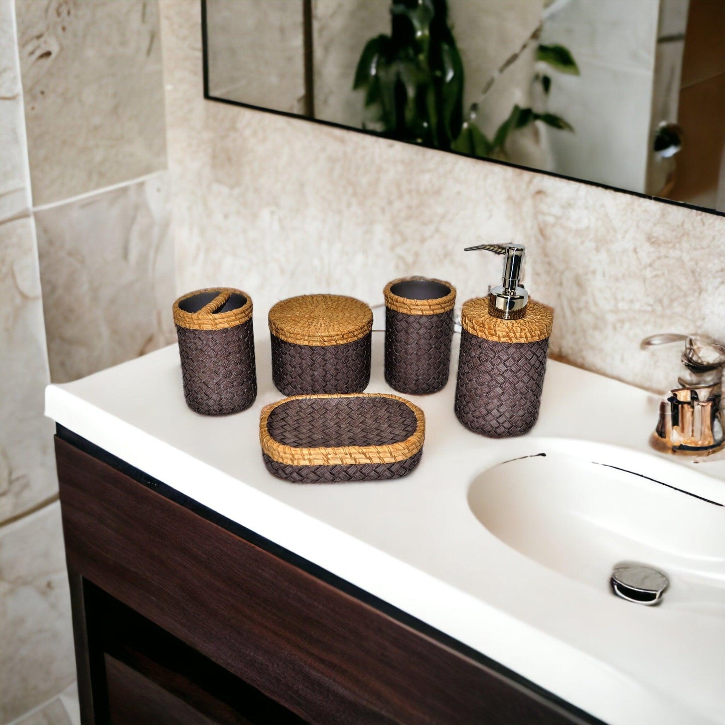 Bathroom Accessories Set of Brown and Purple Weave Design - Nature Home Decor